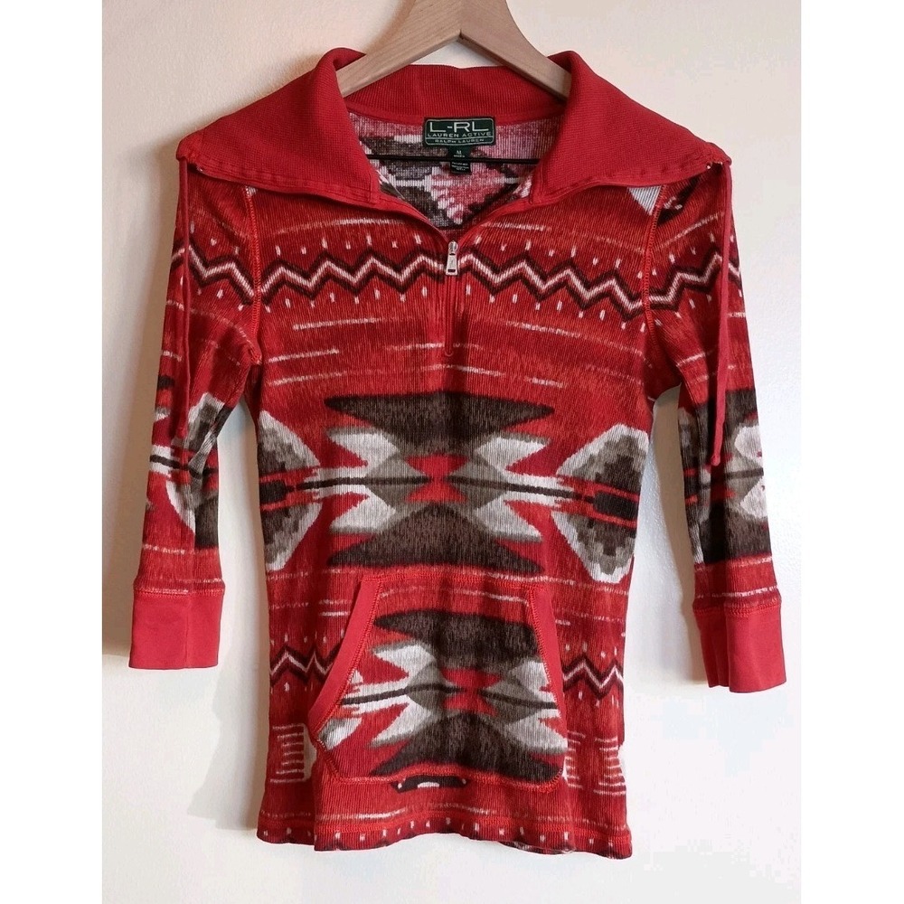 Lauren Ralph Lauren Active Aztec Western Waffle Knit Quarter Zip‎ Thermal Top M
